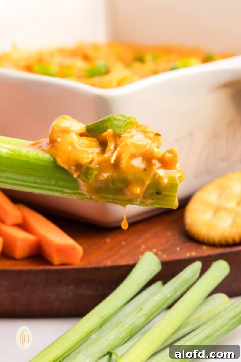 Creamy Dairy-Free Buffalo Chicken Dip 4 A close-up shot of a celery stick generously scooping creamy dairy-free buffalo chicken dip from a rustic bowl, showcasing the dip's appealing texture and the perfect pairing.