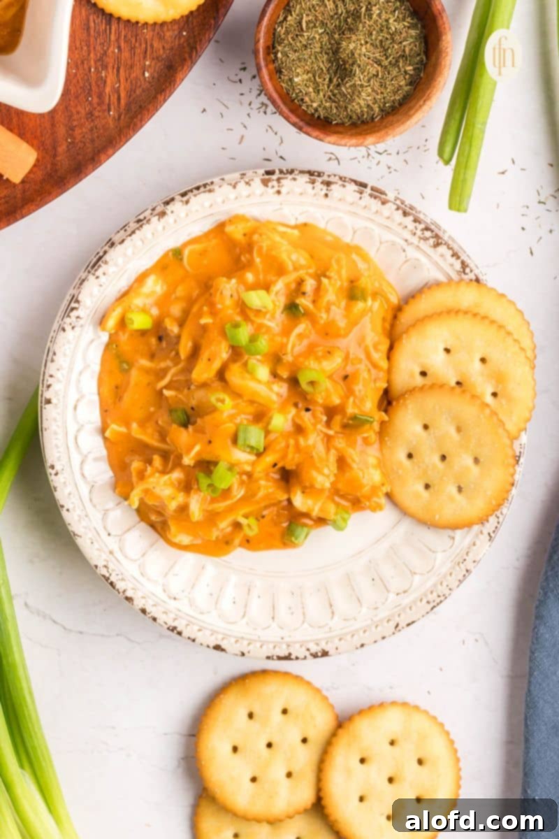 Creamy Dairy-Free Buffalo Chicken Dip 6 A close-up of a serving of warm, creamy dairy-free buffalo chicken dip on a white plate, accompanied by crisp crackers, emphasizing its inviting texture and appetizing appearance.