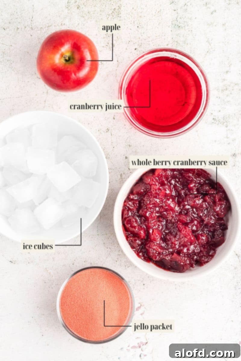 Separated ingredients for fruit jello including cranberry juice, jello packet, cranberry sauce, and chopped apples on a white surface.