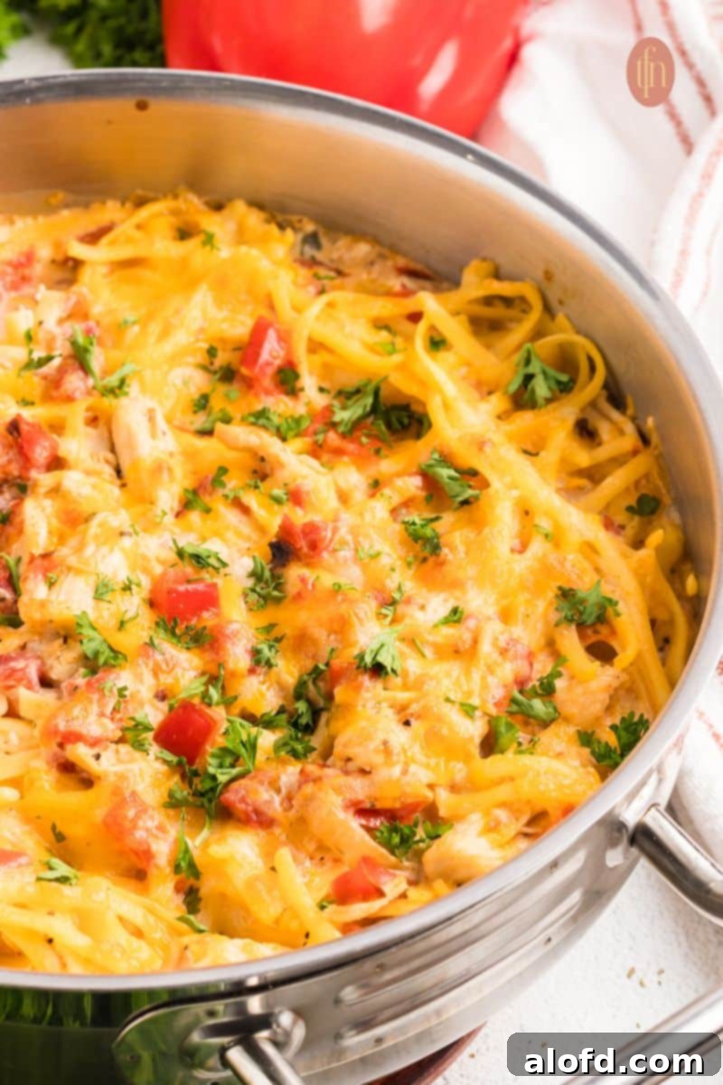 Spicy Rotel Chicken Spaghetti Casserole 2 A vibrant, cheesy Rotel chicken spaghetti dish in a large skillet, ready to serve.