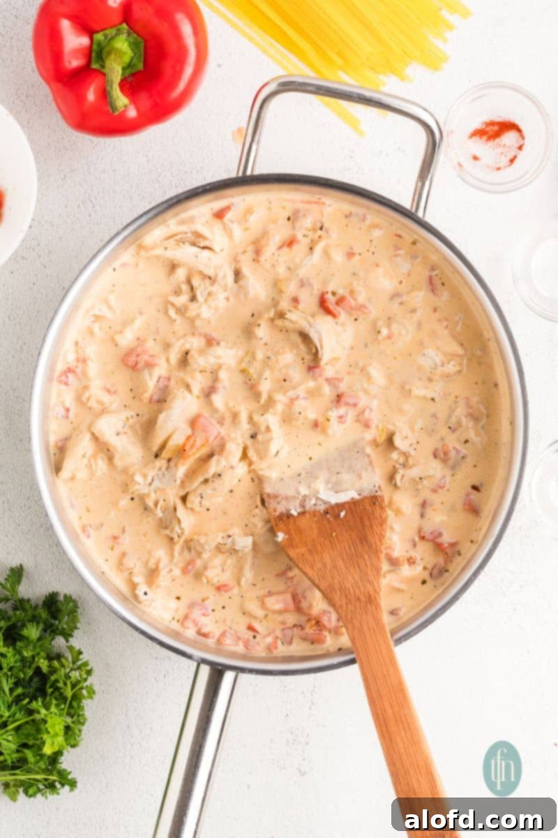 Spicy Rotel Chicken Spaghetti Casserole 13 Shredded chicken being stirred into the creamy sauce.