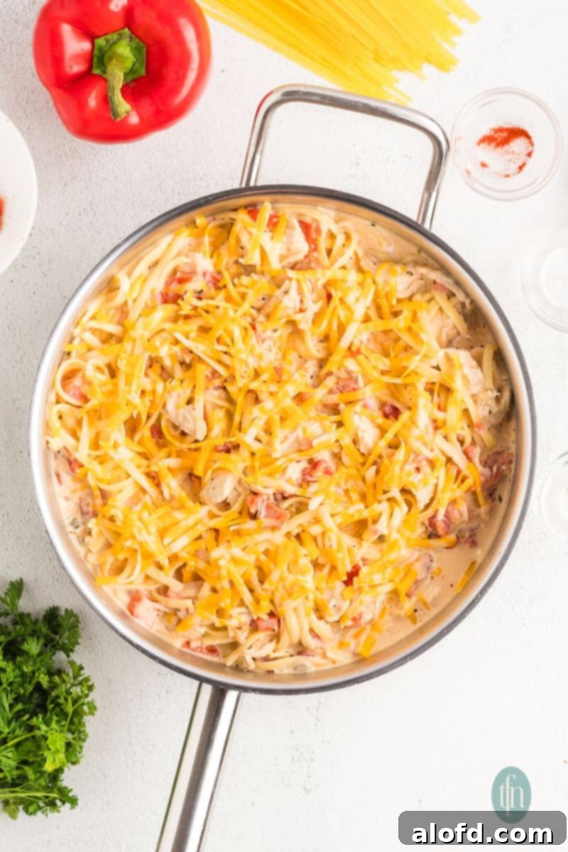 Spicy Rotel Chicken Spaghetti Casserole 14 Cooked spaghetti being added to the chicken and sauce mixture in the pan.