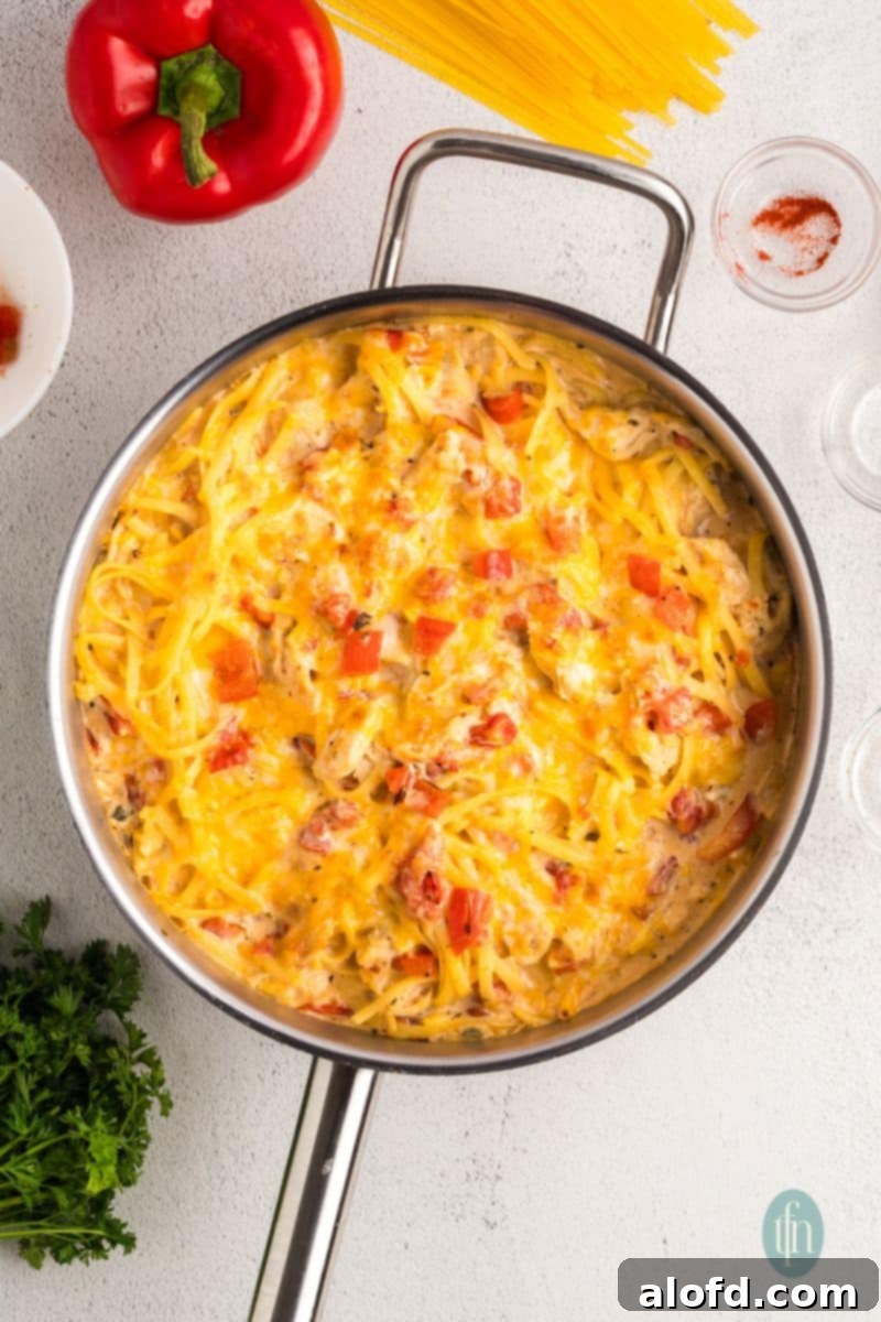 Spicy Rotel Chicken Spaghetti Casserole 15 Rotel chicken spaghetti tossed together in the pan, ready for its final cheese layer.