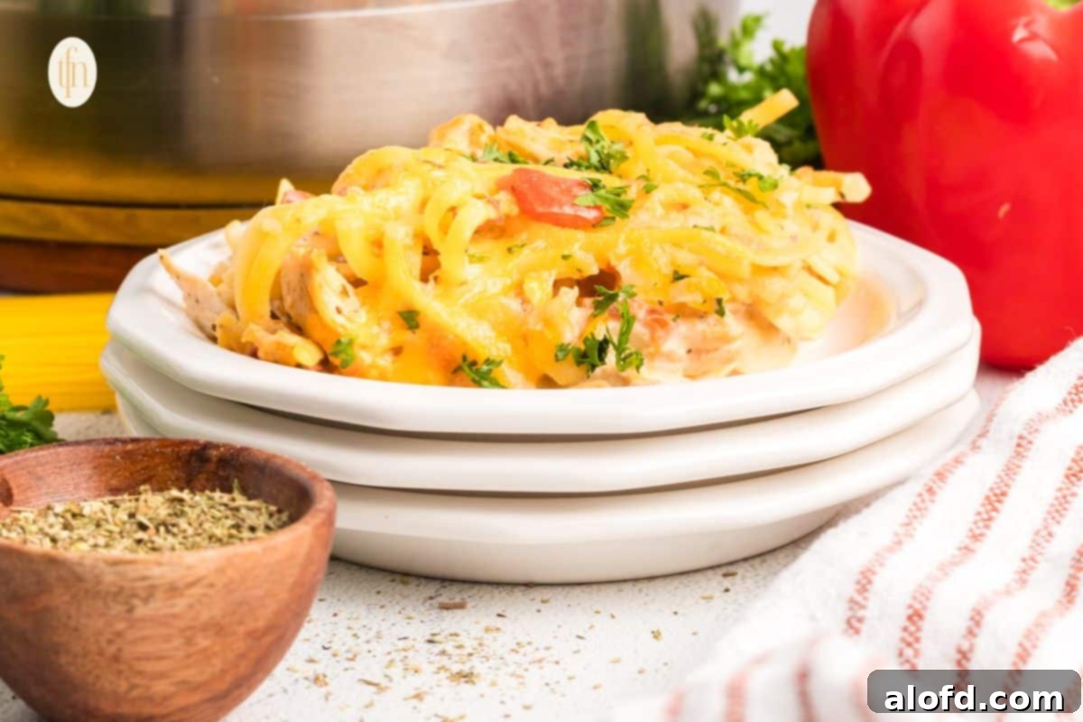 Spicy Rotel Chicken Spaghetti Casserole 18 A wide shot of a full plate of Rotel chicken spaghetti with a fork, ready to eat.