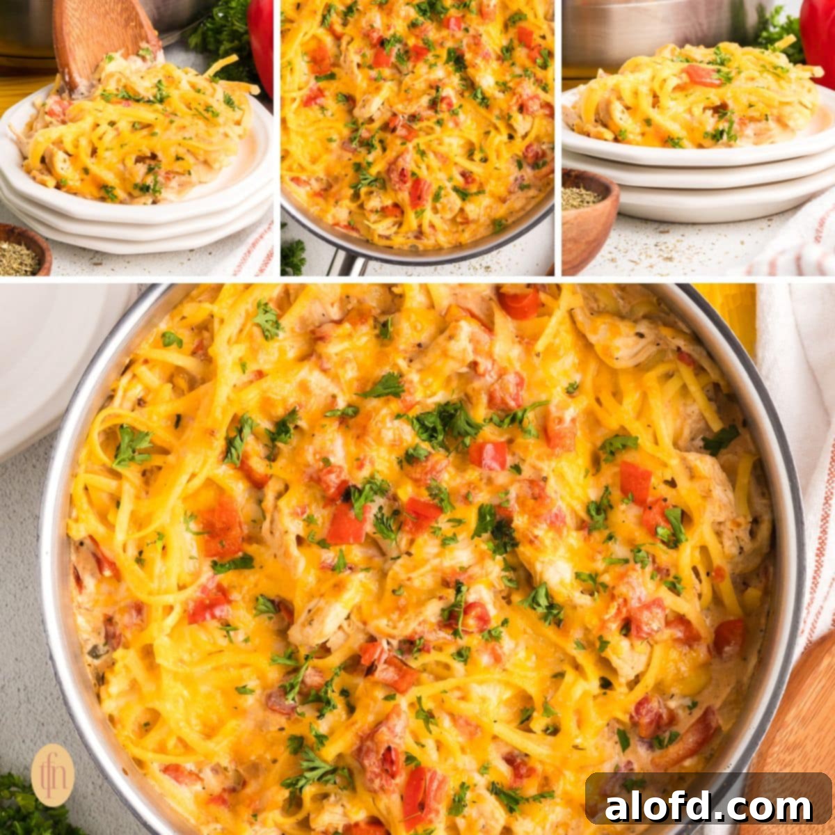 Spicy Rotel Chicken Spaghetti Casserole 20 A four-image collage showcasing different angles of the cheesy Rotel chicken spaghetti, including preparation and final dish.