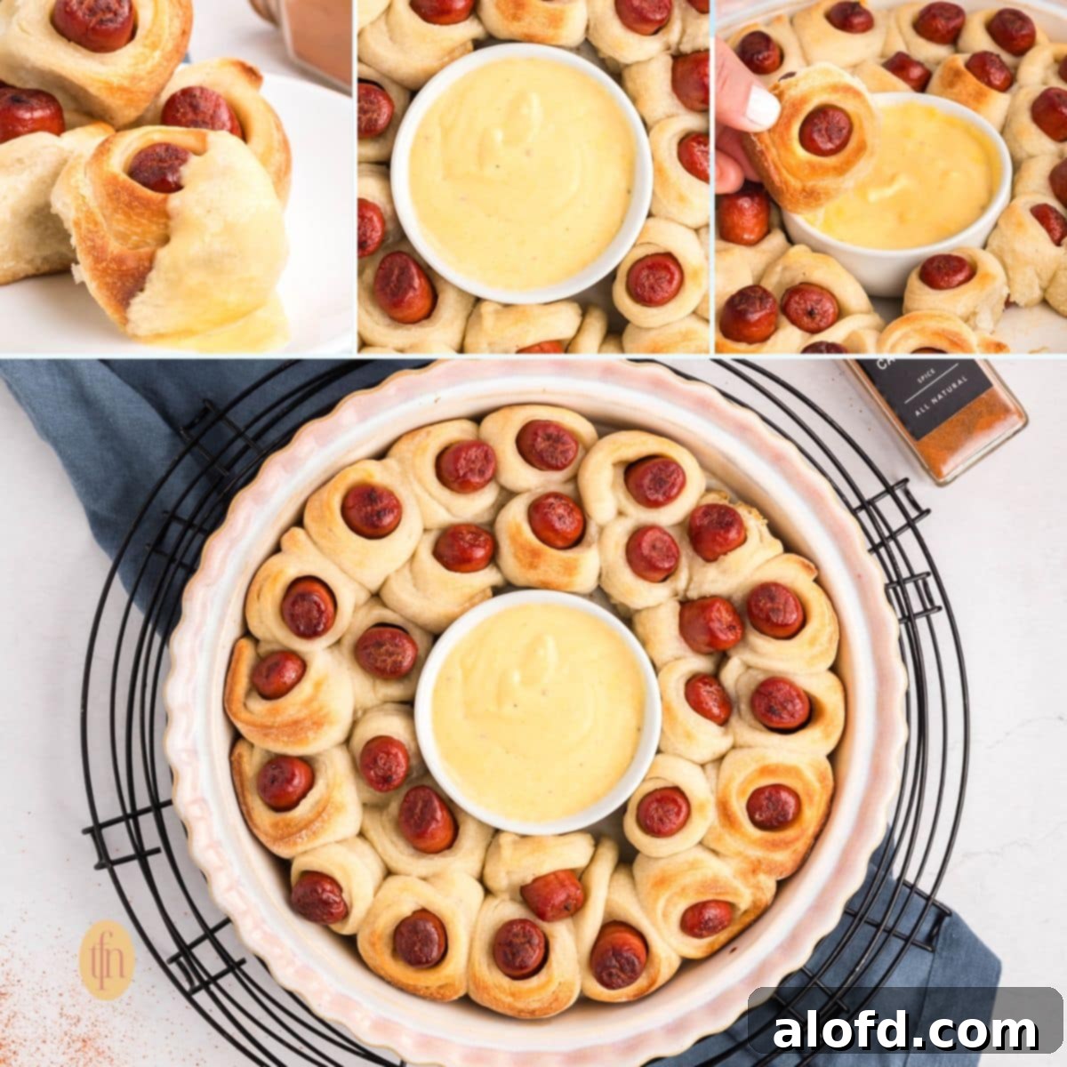 Loaded Pigs in a Blanket Bake 17 Collage image of four pigs in a blanket images.