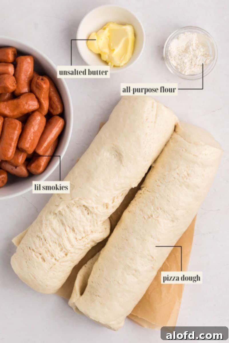 Loaded Pigs in a Blanket Bake 5 Labeled ingredients for pigs in a blanket.