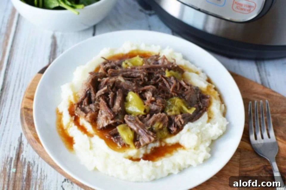 Effortless Instant Pot: 5-Ingredient Meals 3 Tender Instant Pot Mississippi Pot Roast, a 5-ingredient dinner classic served with gravy and pepperoncini.