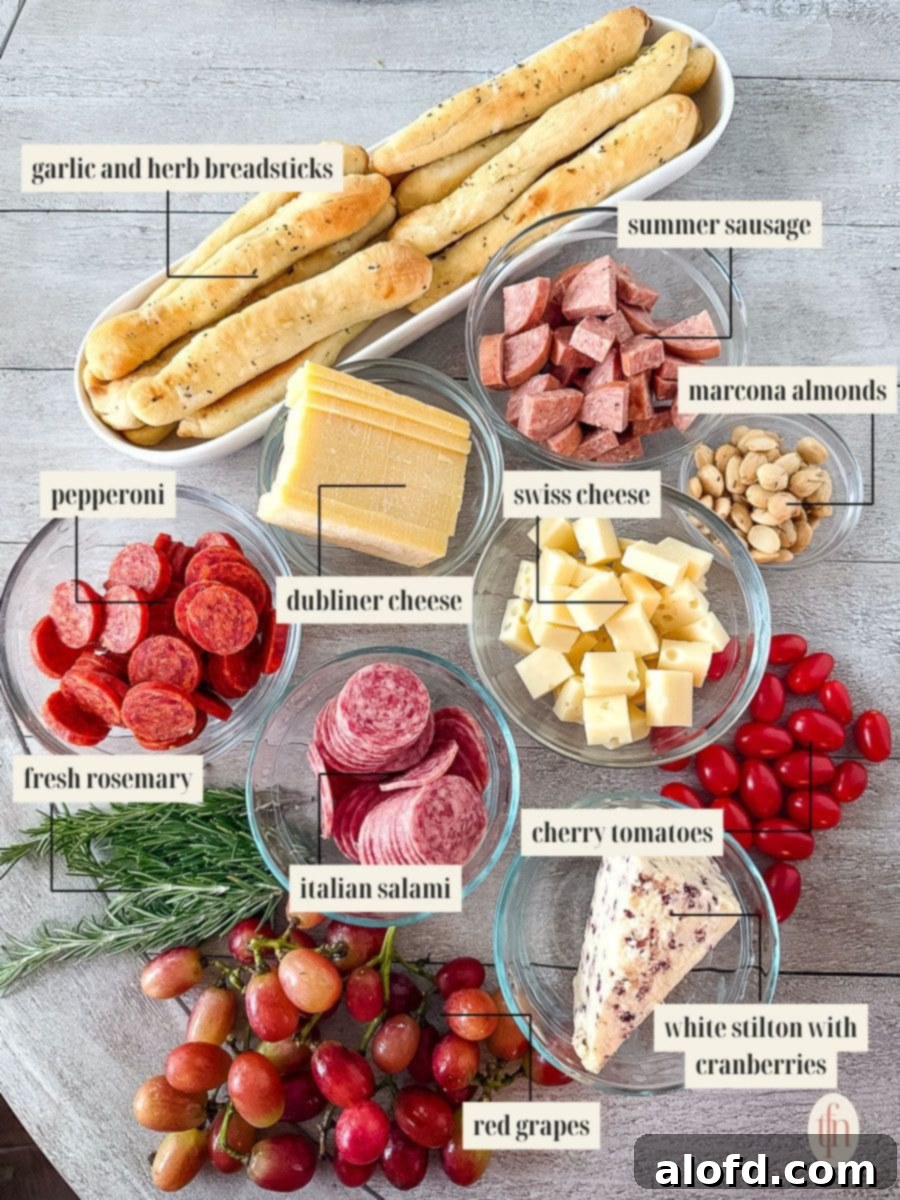 Effortless Charcuterie Boards 3 An array of charcuterie board ingredients including various cheeses, cured meats, breadsticks, cherry tomatoes, grapes, and rosemary, neatly labeled for identification.
