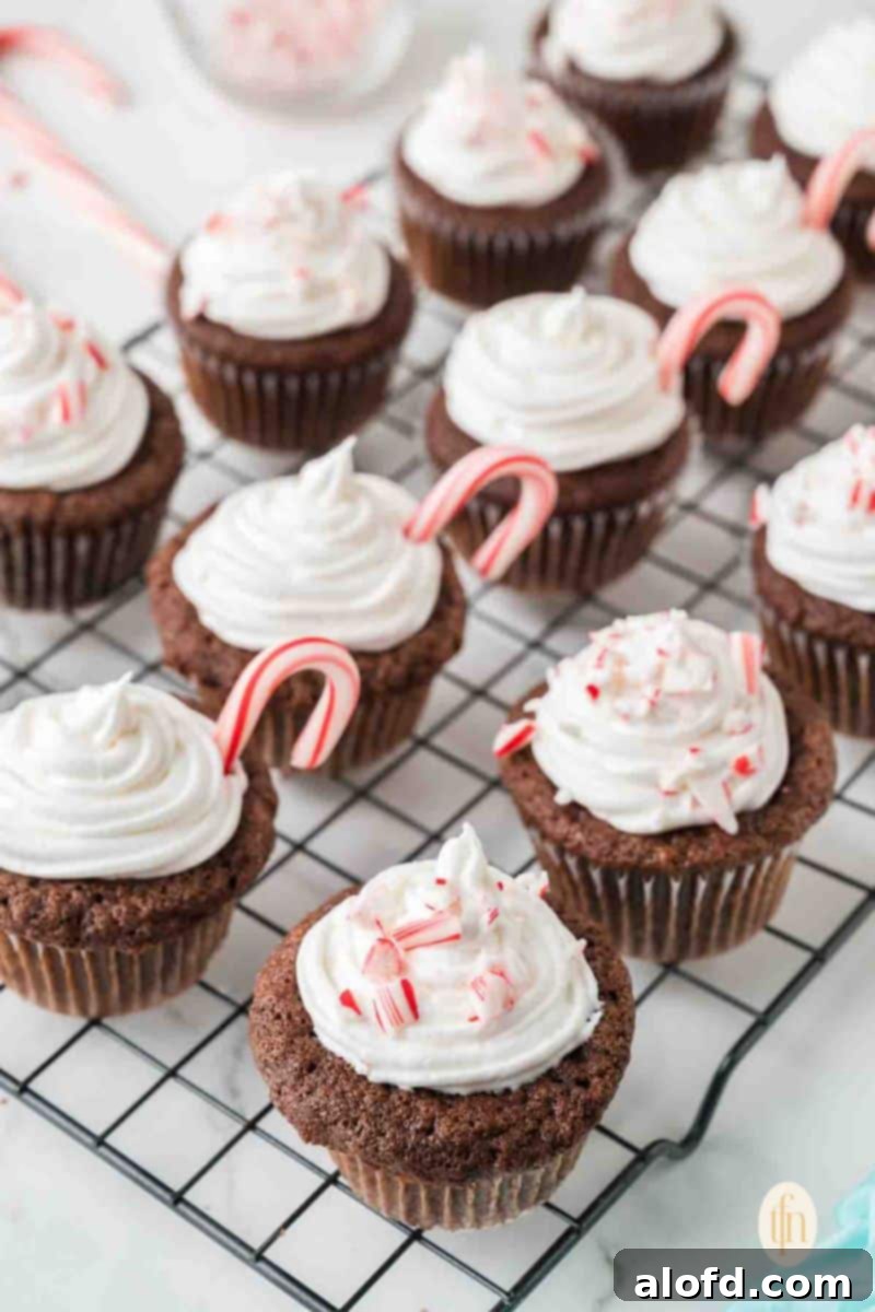 Decadent Peppermint Chocolate Cupcakes 15 Beautifully decorated Chocolate Peppermint Cupcakes on a cooling rack, topped with frosting and candy canes.