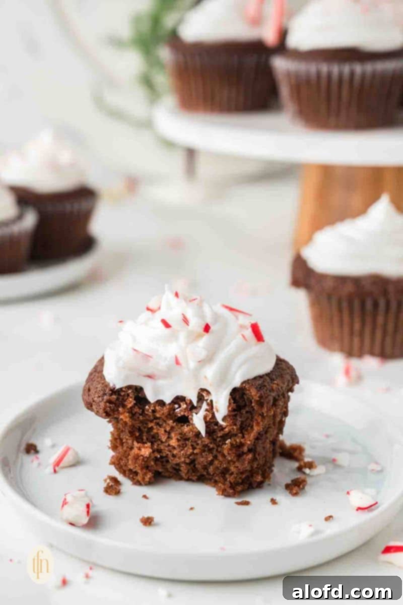 Decadent Peppermint Chocolate Cupcakes 16 A beautifully decorated Peppermint Cupcake with frosting and candy cane bits on a plate.