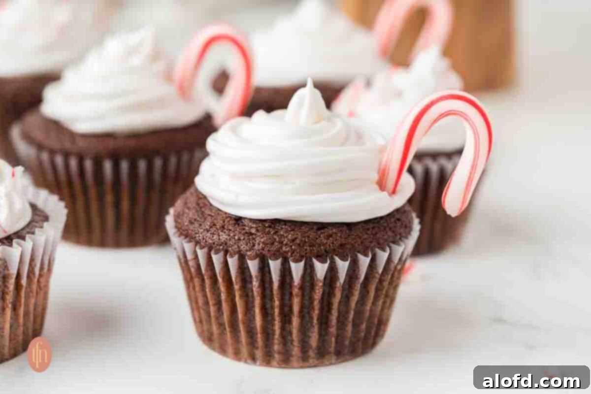 Decadent Peppermint Chocolate Cupcakes 17 A collage of Chocolate Peppermint Cupcakes on a serving platter, showing off their festive decoration.