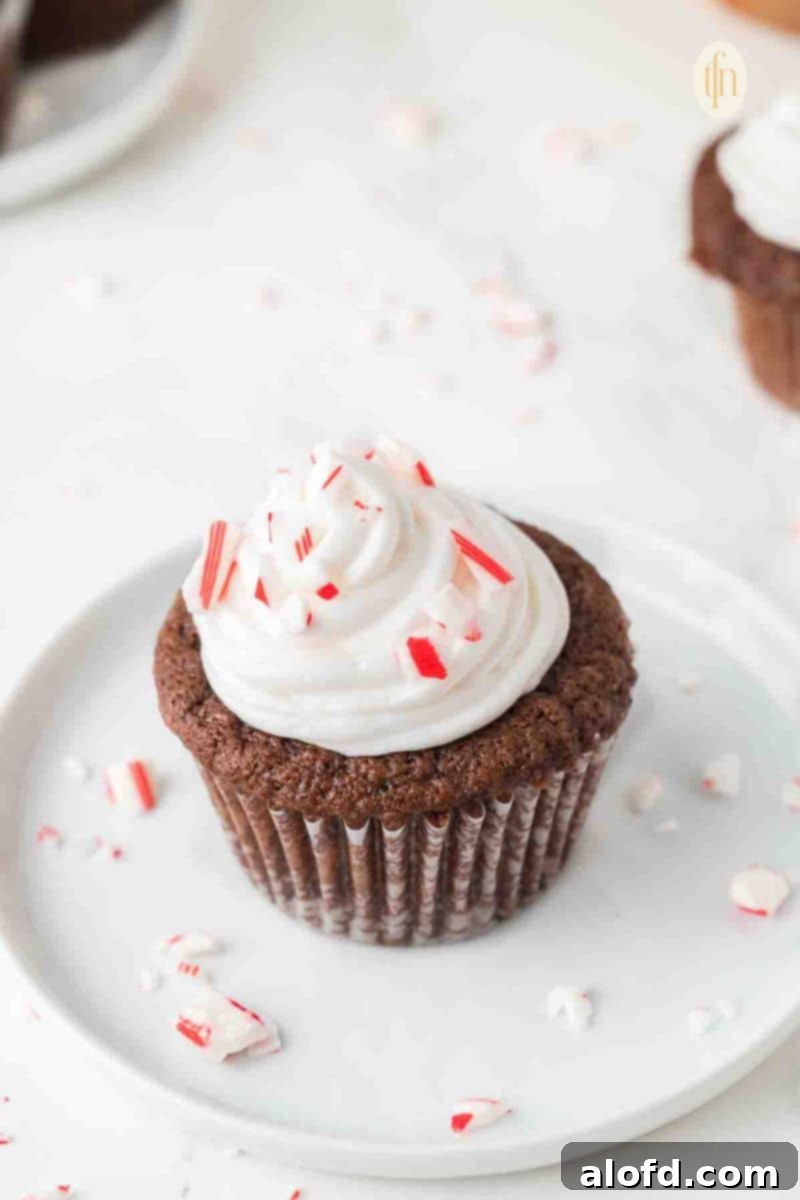 Decadent Peppermint Chocolate Cupcakes 3 A single Chocolate Peppermint Cupcake with frosting on a white round plate.