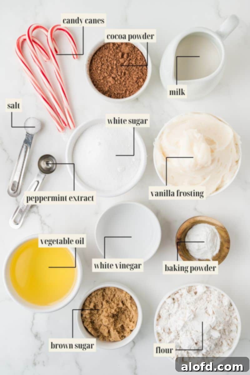 Decadent Peppermint Chocolate Cupcakes 4 Labeled ingredients for peppermint cupcake recipe including flour, sugar, cocoa powder, milk, oil, and peppermint extract.