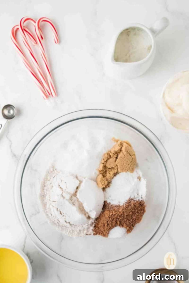 Decadent Peppermint Chocolate Cupcakes 6 Raw dry ingredients in a glass bowl, ready for mixing.