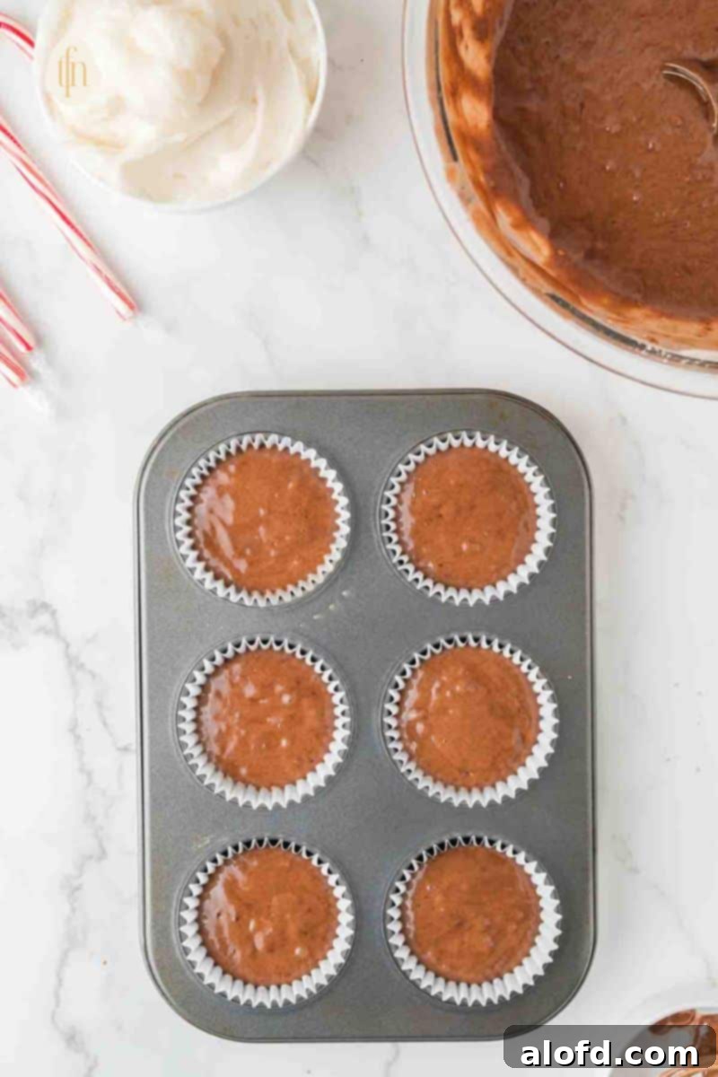 Decadent Peppermint Chocolate Cupcakes 9 Unbaked cupcakes, precisely portioned into muffin liners in a muffin pan.