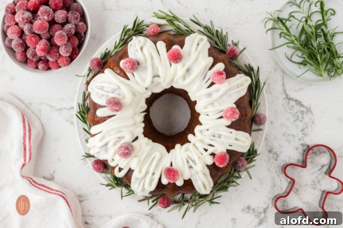 Spiced Molasses Bundt Cake 14 A festive horizontal photograph capturing a beautifully glazed gingerbread bundt cake, artfully decorated for the joyous holiday season.