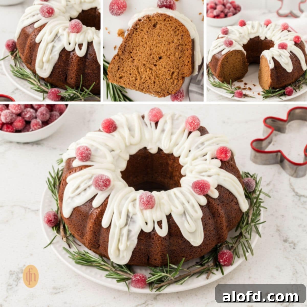 Spiced Molasses Bundt Cake 16 A beautiful collage displaying four different perspectives of the gingerbread bundt cake, highlighting its various delicious features and festive appeal.