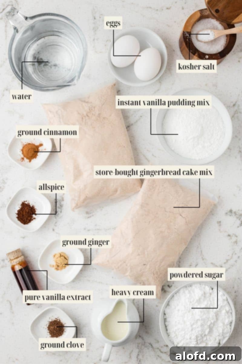 Spiced Molasses Bundt Cake 5 Carefully arranged ingredients for a gingerbread bundt cake recipe, showcasing a selection of spices, cake mixes, and other essential baking components.