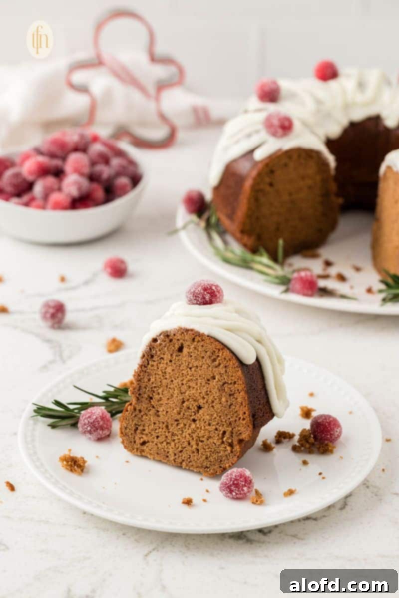 Spiced Molasses Bundt Cake 6 A perfectly baked, golden-brown slice of gingerbread bundt cake, showcasing its moist, tender crumb and inviting texture.