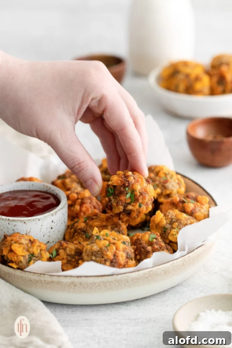 Hand holding sausage ball above plate.