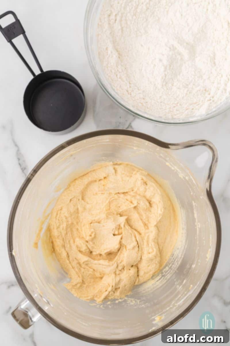 Artisan Sourdough Chocolate Chip Cookies 13 A bowl of dough mixture with a bowl of dry ingredients.