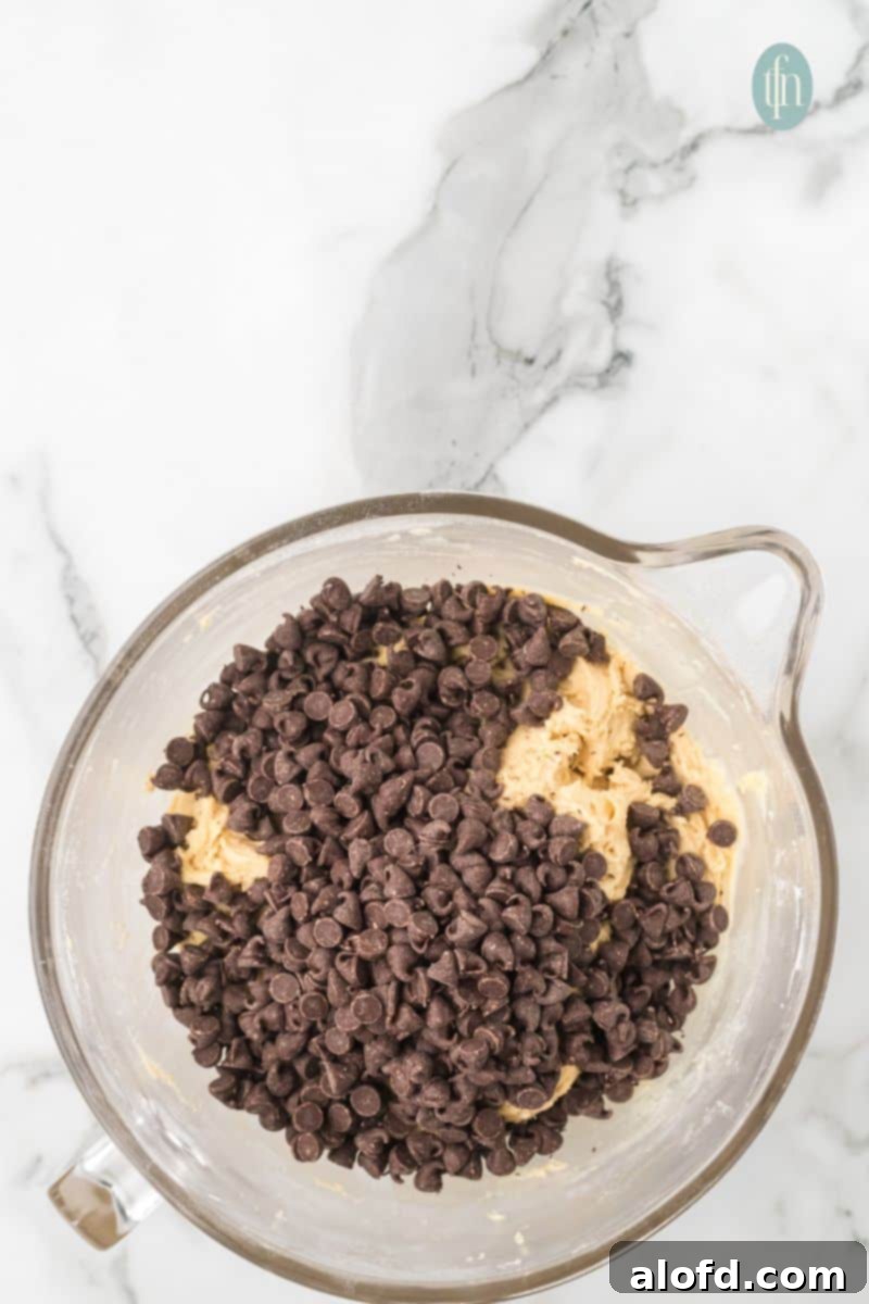Artisan Sourdough Chocolate Chip Cookies 15 A bowl of dough mixture with chocolate chips.