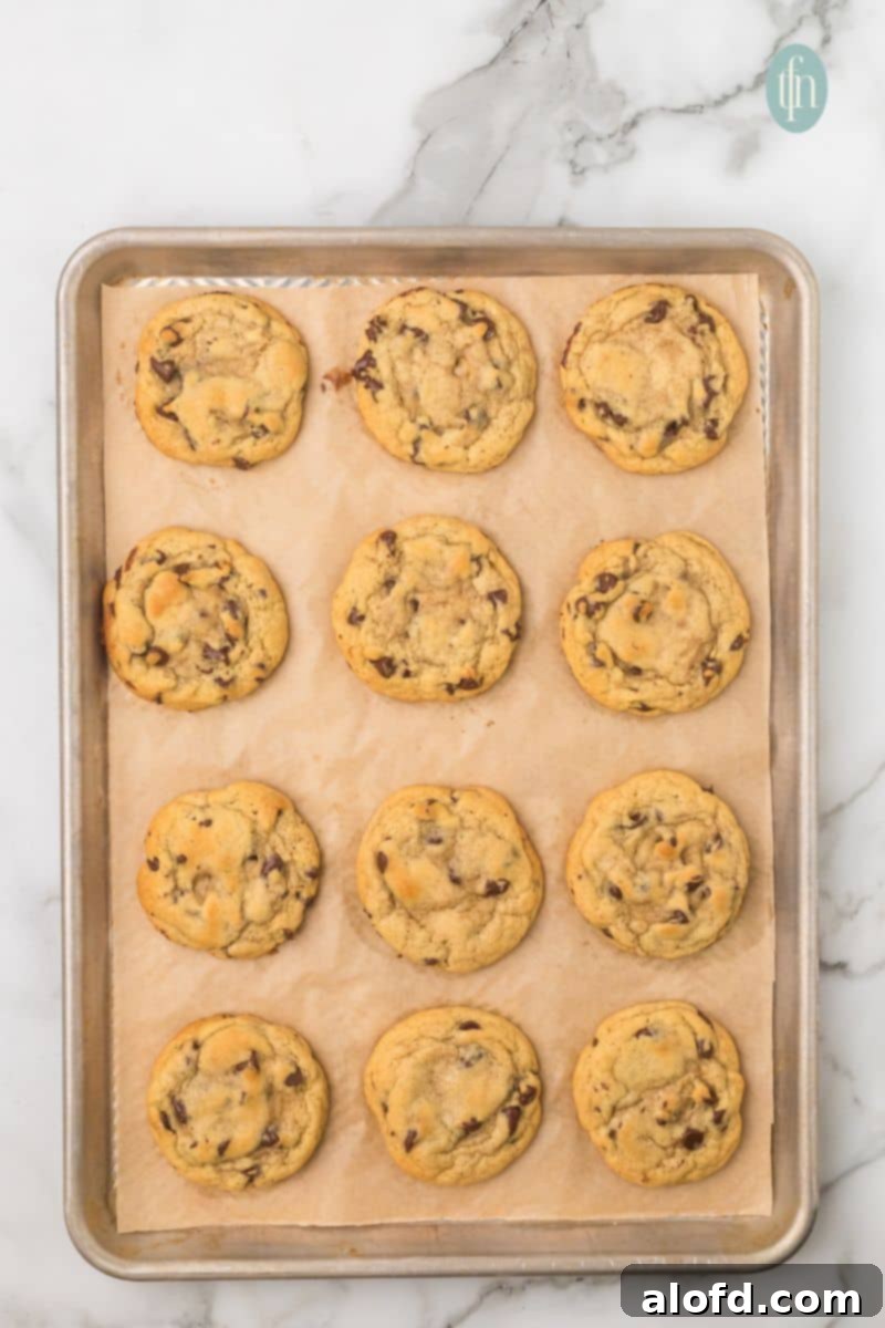 Artisan Sourdough Chocolate Chip Cookies 18 Baked cookies on a baking sheet with parchment paper.