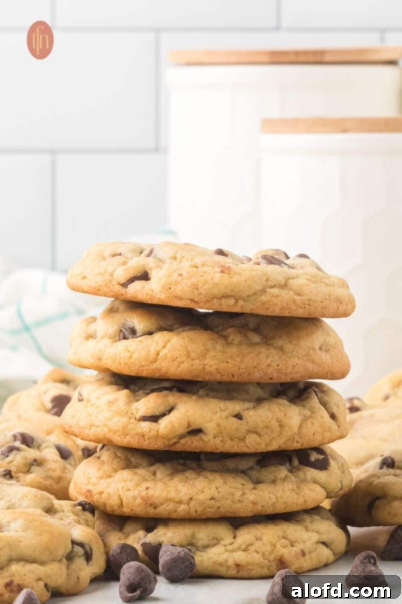 Artisan Sourdough Chocolate Chip Cookies 20 A stack of golden brown sourdough chocolate chip cookies.
