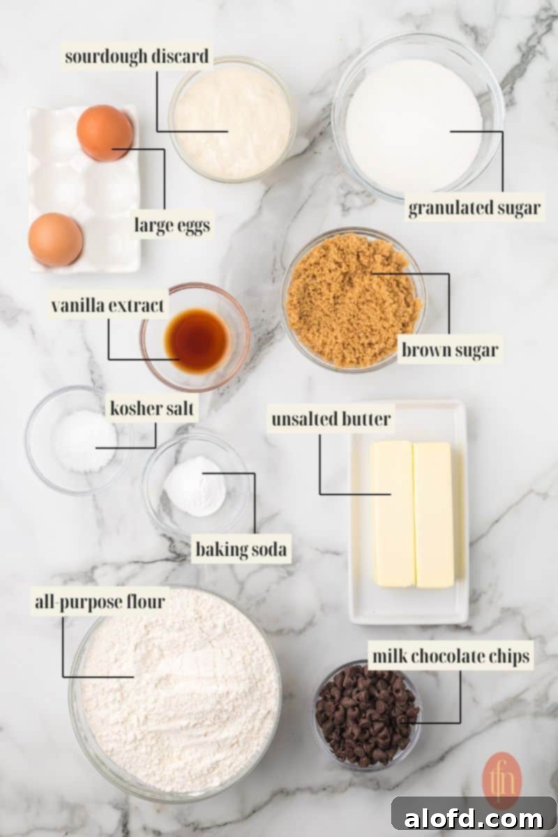 Artisan Sourdough Chocolate Chip Cookies 3 Labeled ingredient image for sourdough cookie recipe.