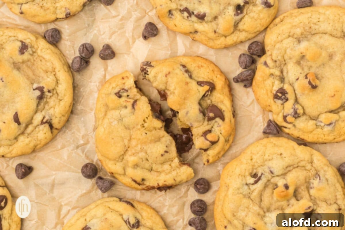 Artisan Sourdough Chocolate Chip Cookies 21 Freshly baked sourdough chocolate chip cookies arranged horizontally on parchment paper.