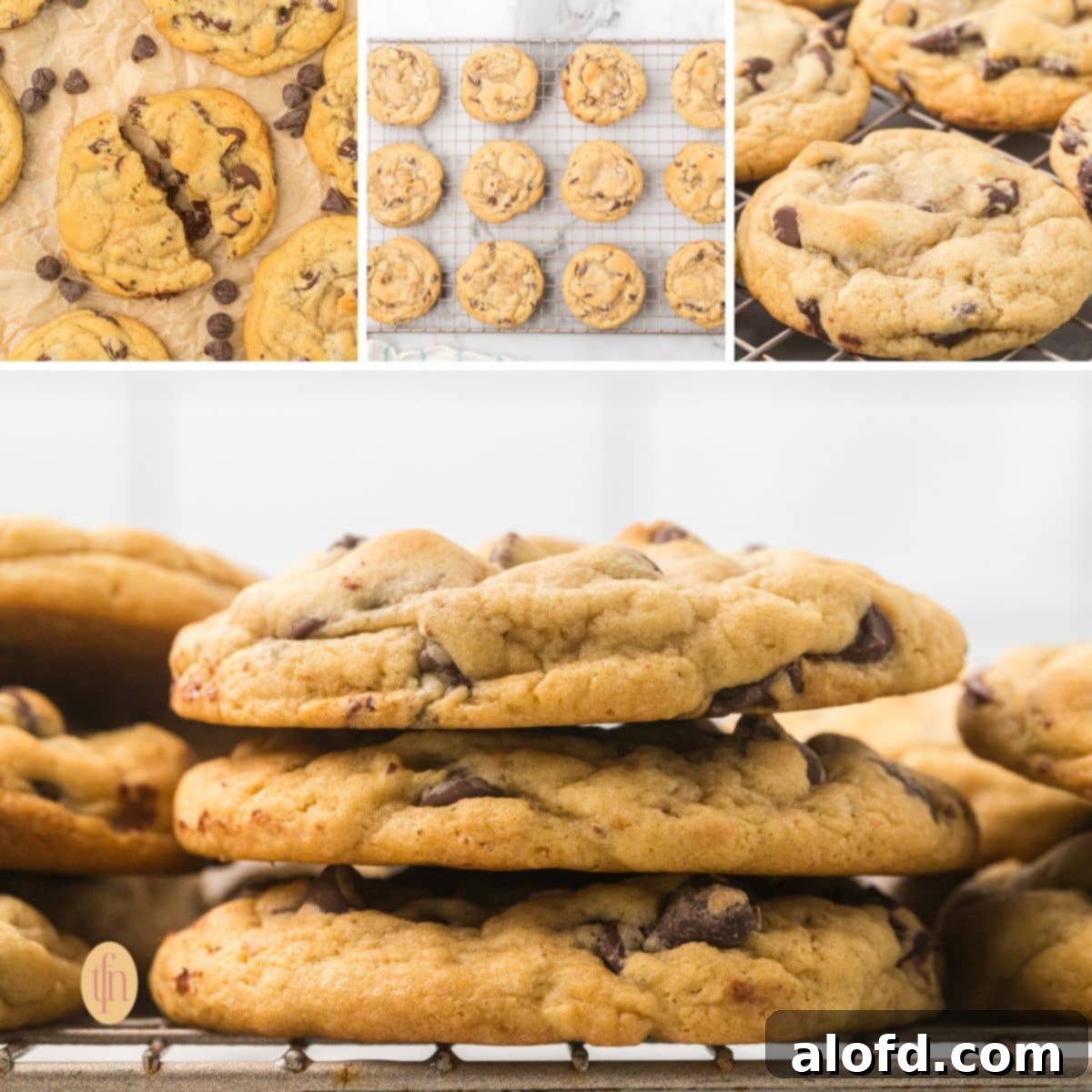 Artisan Sourdough Chocolate Chip Cookies 23 A collage of four tempting sourdough chocolate chip cookie images.