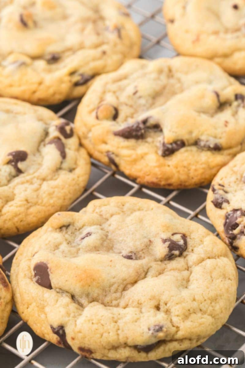 Artisan Sourdough Chocolate Chip Cookies 4 Freshly baked sourdough chocolate chip cookies cooling on a wire rack.