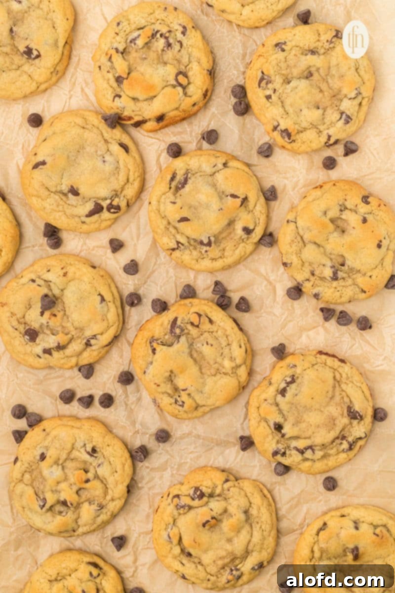 Artisan Sourdough Chocolate Chip Cookies 5 Baked sourdough discard cookies on parchment paper, ready to be cooled.