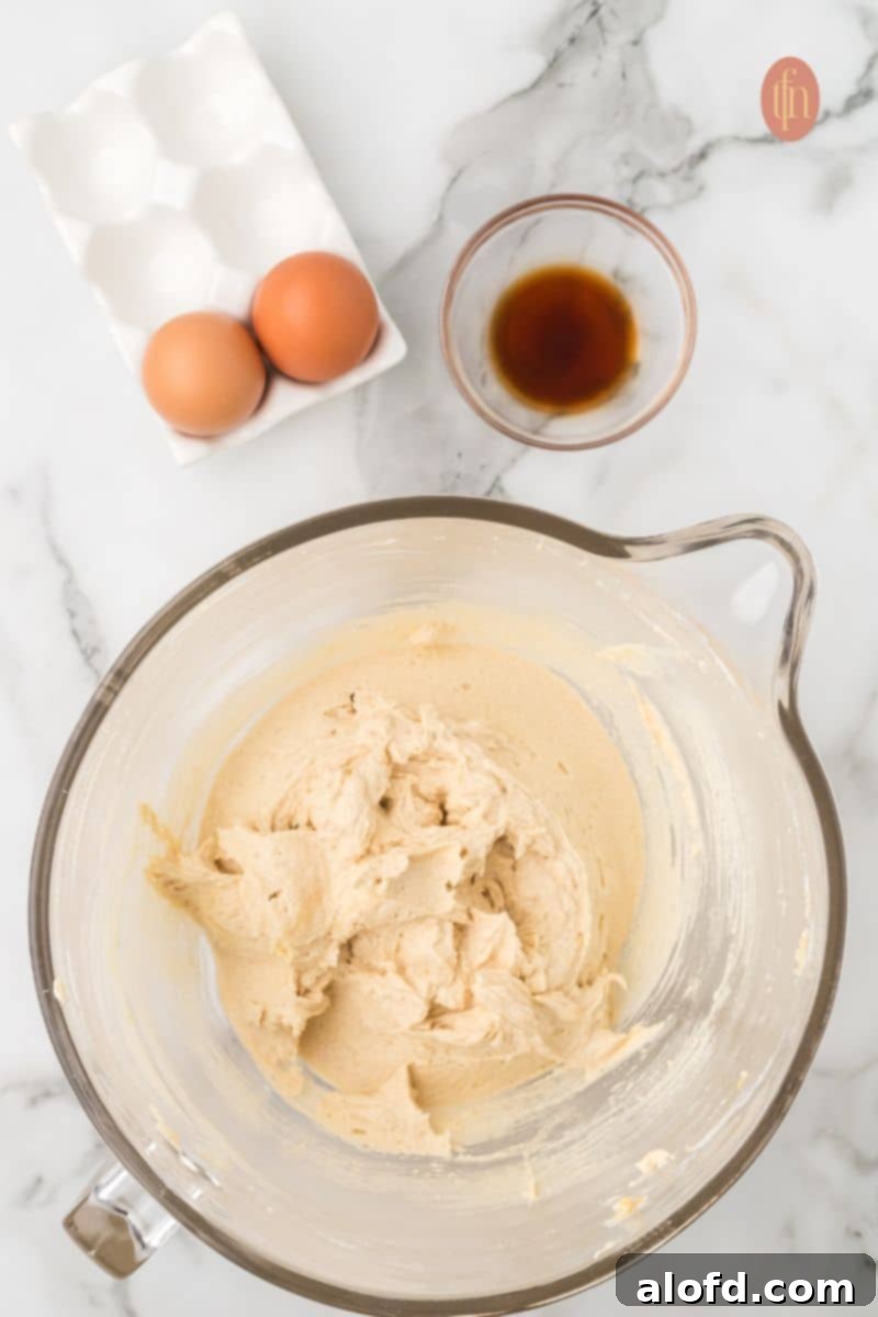 Artisan Sourdough Chocolate Chip Cookies 8 A bowl of batter mixture with a glass bowl of vanilla and 2 eggs.