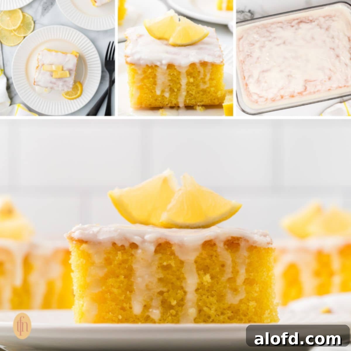 A collage of 4 lemon cake images.