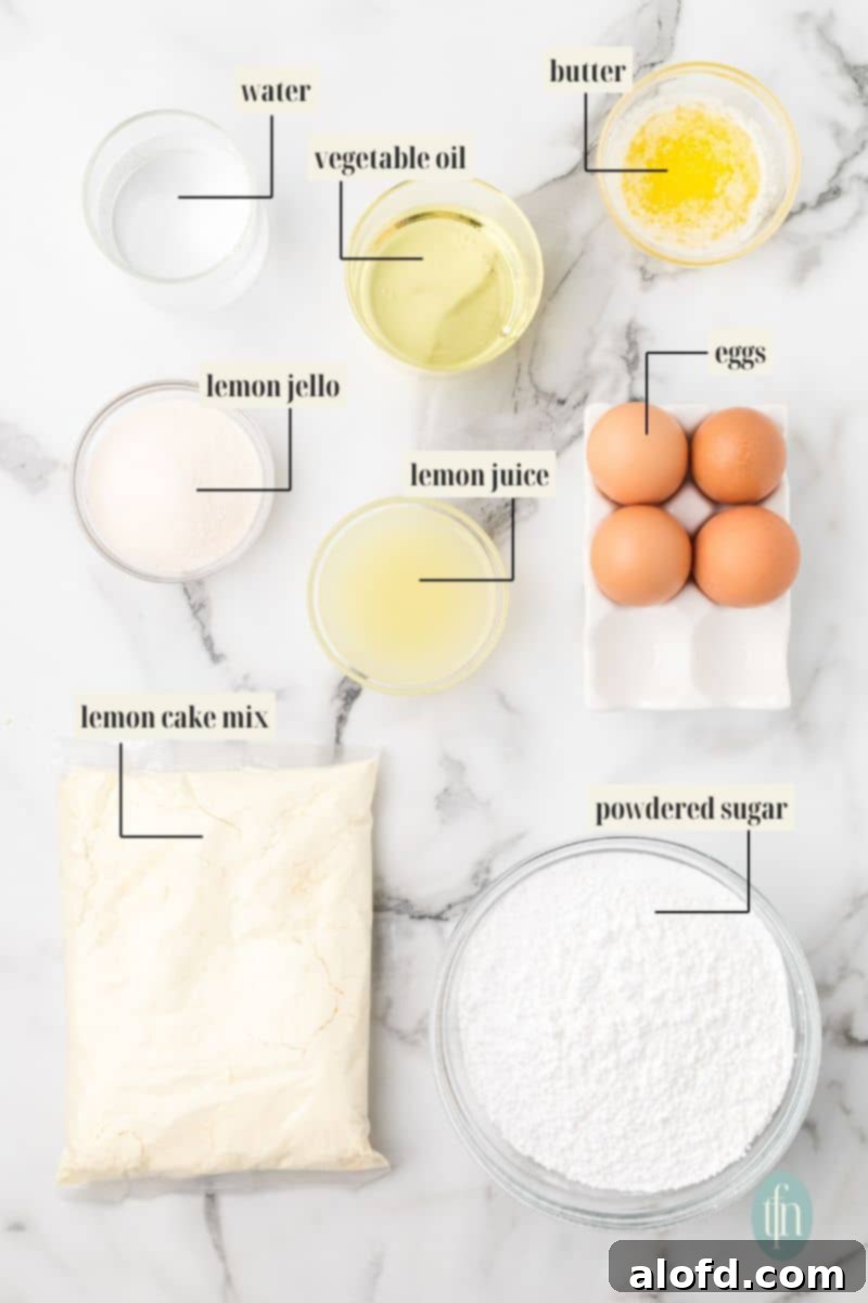 Labeled ingredients for lemon cake recipe.