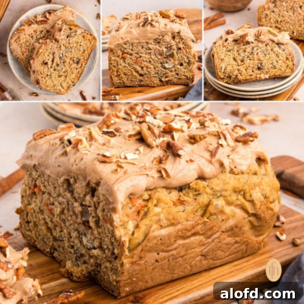 Farmhouse Carrot Cake Loaf 27 A collage of 4 carrot loaf images.