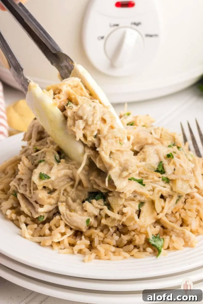 Comforting February Dinners: 20+ Recipes 7 A serving of delectable Crockpot Honey Mustard Chicken being carefully lifted with tongs from a pot, ready to be plated.