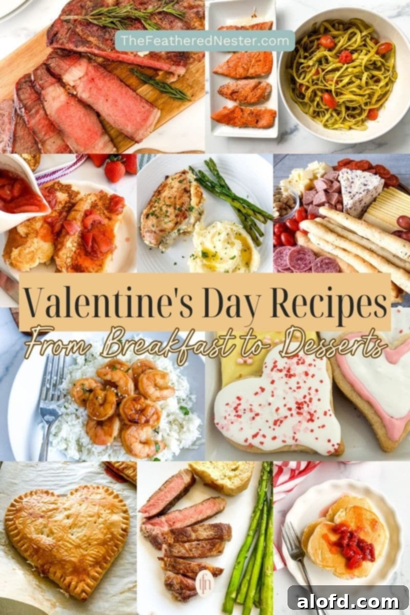 A collage of 10 festive Valentine's Day food images, including heart-shaped pancakes, cookies, and elegant dinner plates.