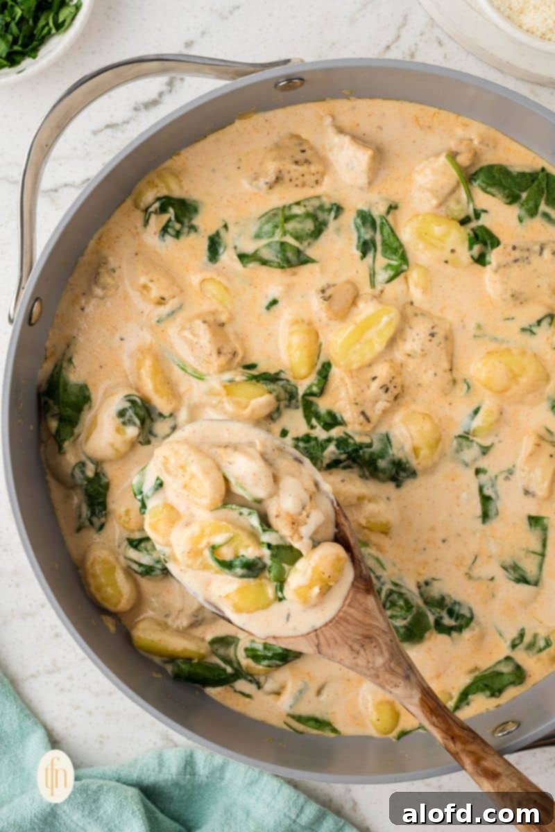 A generous scoop of creamy chicken gnocchi, rich with sauce, served hot in a pan, promising comfort and flavor.