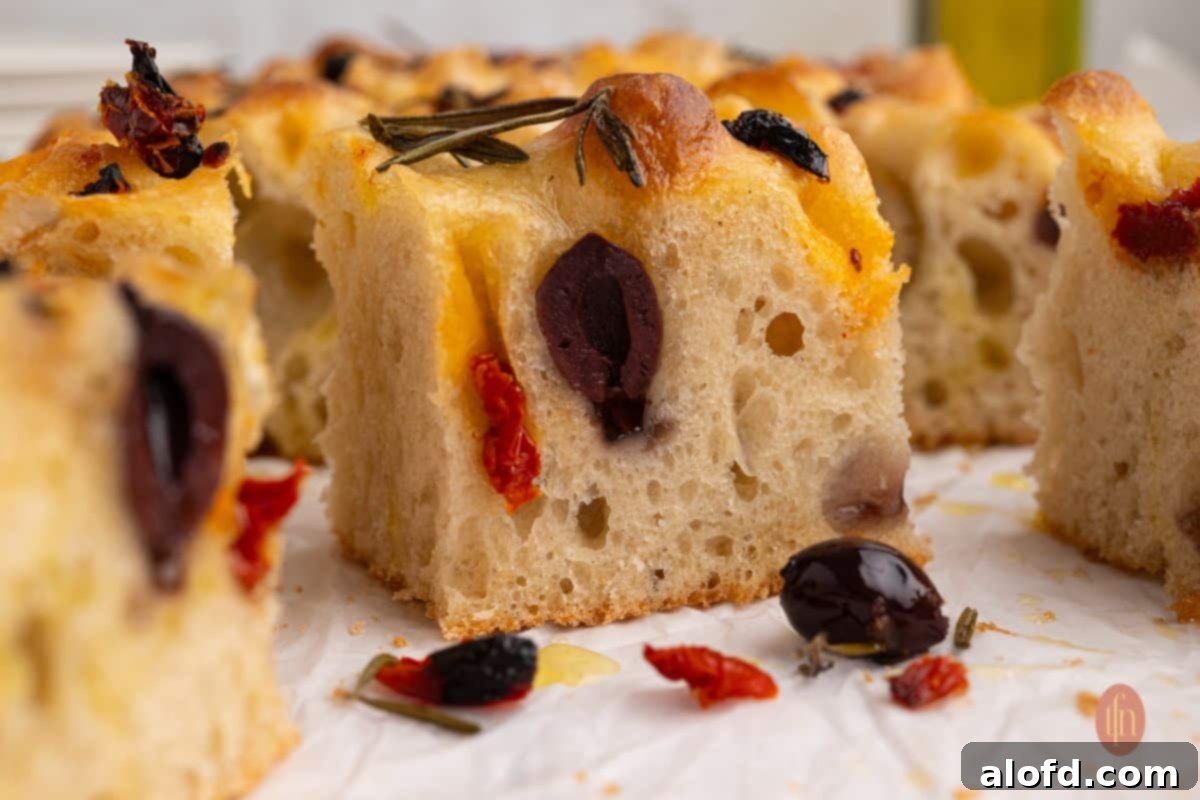 A horizontal close-up image of sliced sourdough focaccia bread with various toppings.