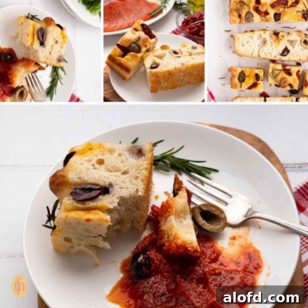 A collage of four enticing sourdough focaccia images, showcasing different angles and toppings.