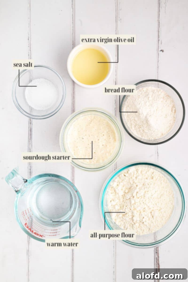 Labeled image showcasing all the ingredients required for making sourdough focaccia bread.