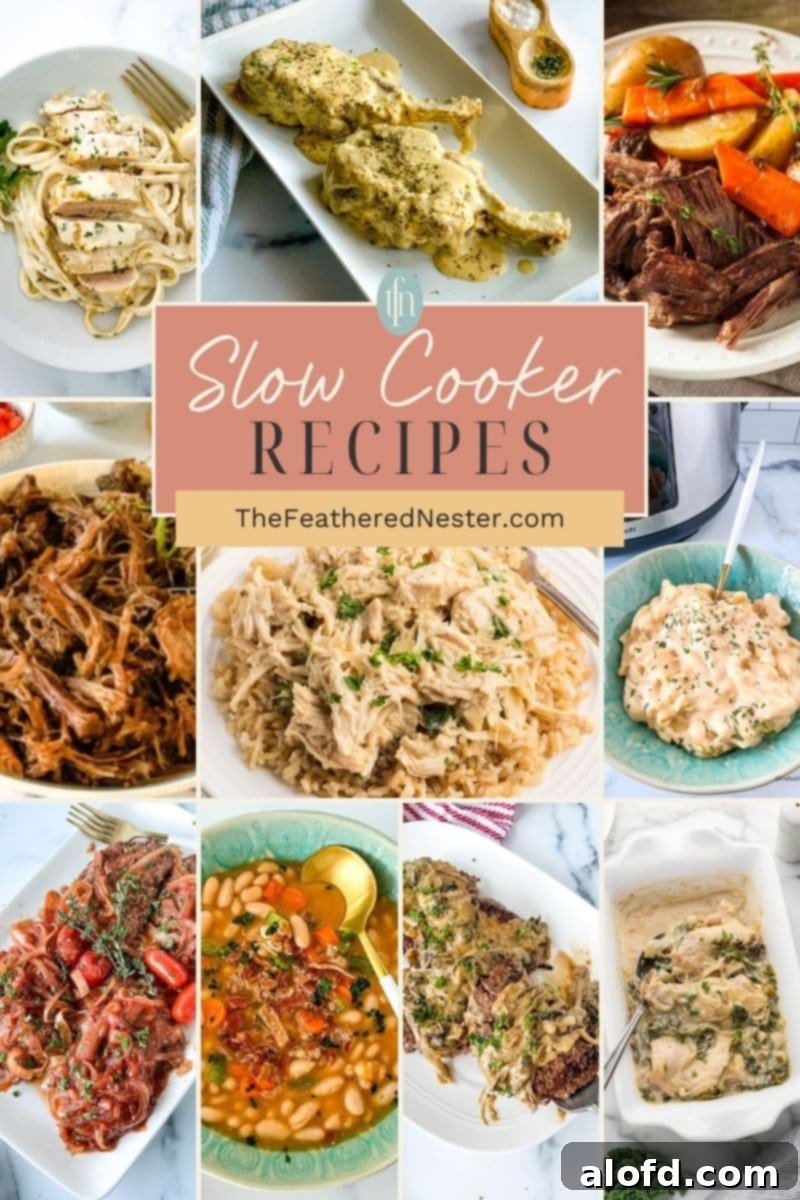 Titled graphic image for slow cooker recipes with a collage of 10 dinner images, showcasing a variety of easy crock pot meals like chicken, pasta, and roast.