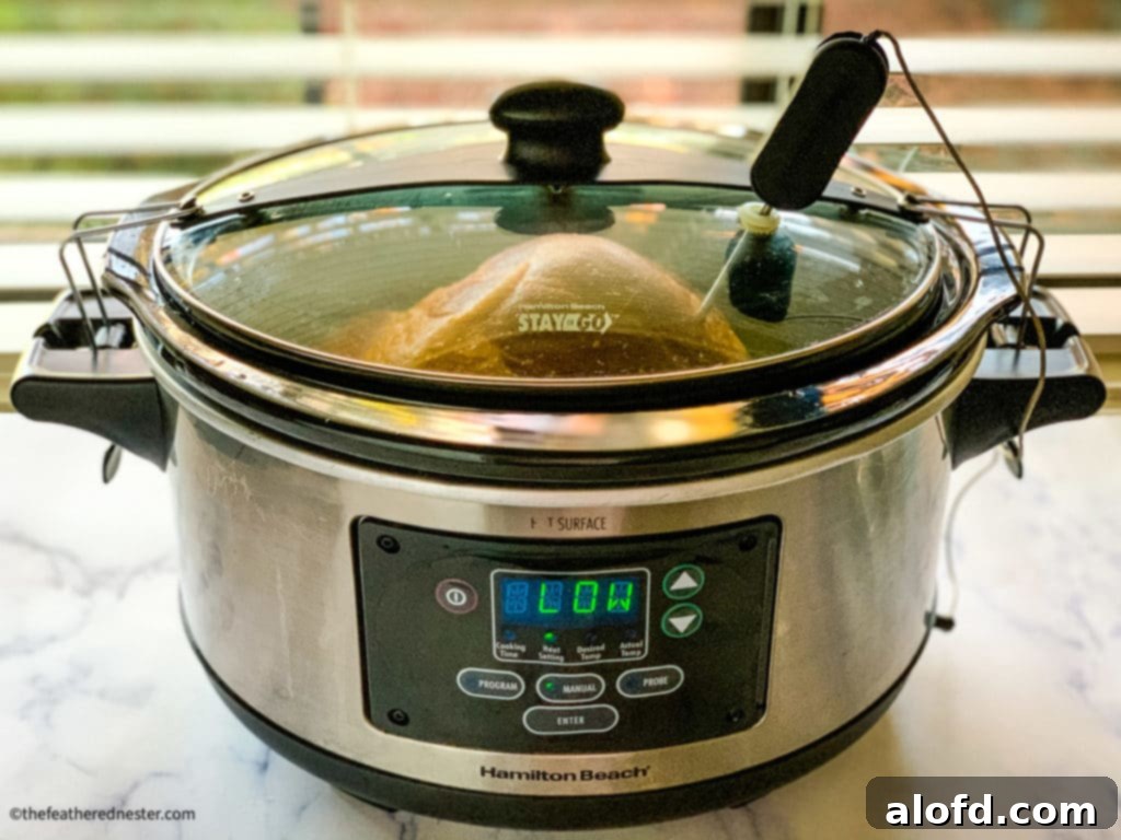 A crock pot with ham inside, showcasing another easy slow-cooked recipe.