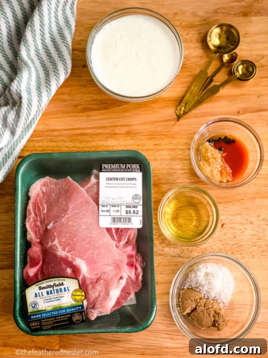 Succulent Buttermilk Pork Chops 7 Brine ingredients including buttermilk, brown sugar, and spices laid out.