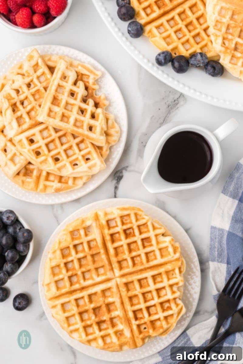 Fluffy Golden Bisquick Waffles 16 Two plates of waffles.