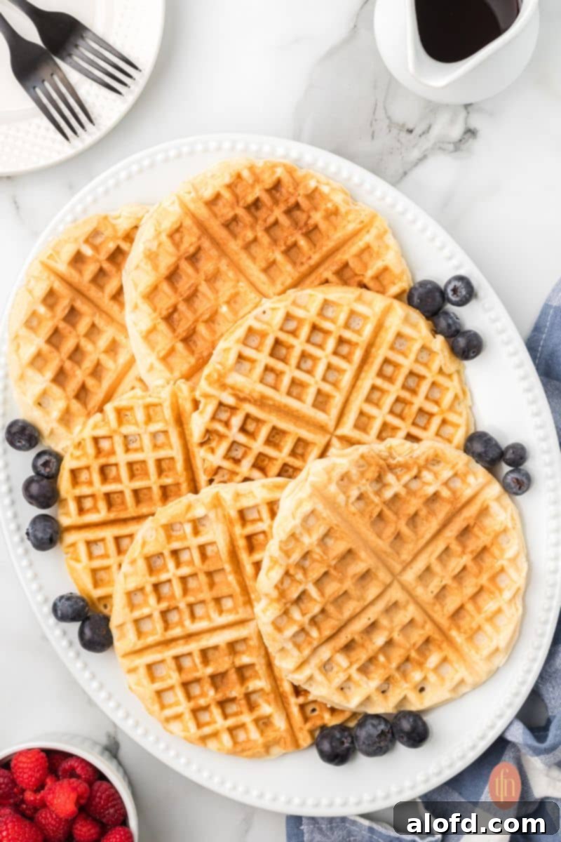 Fluffy Golden Bisquick Waffles 4 Waffles on a serving platter with blueberries.