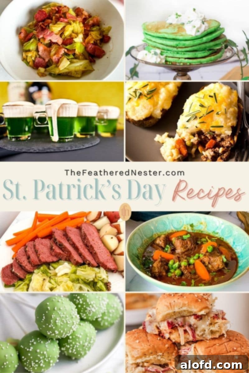 St Patricks Day Feast Ideas 2 A vibrant collage of St. Patrick's Day themed dishes including corned beef, green desserts, and festive snacks.